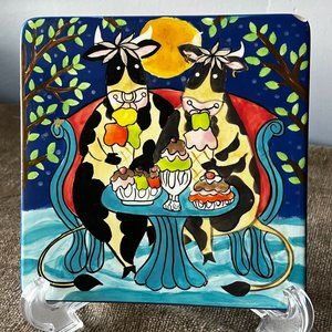Vintage Wooly Dreams 6 inch Square Plate Cows Eating Ice Crream Lula Chang
